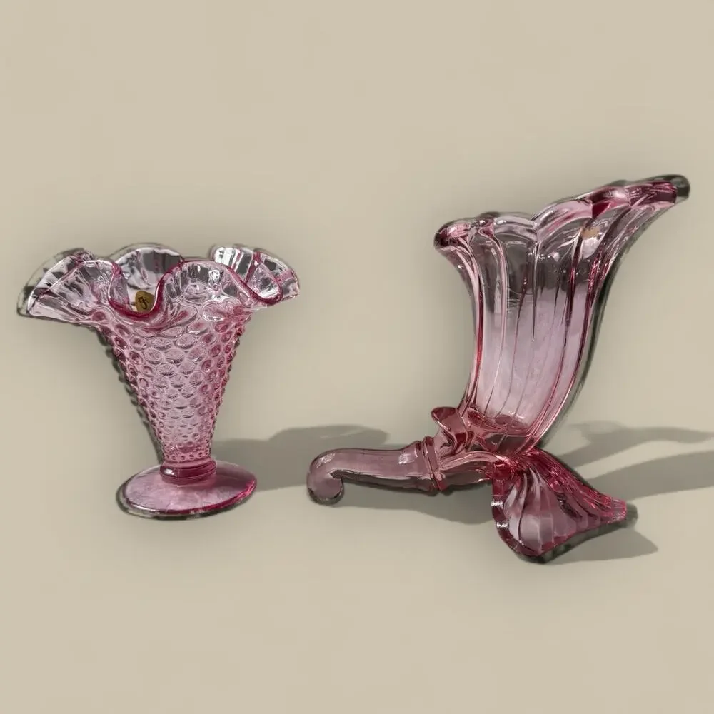 Fenton Cranberry Hobnail Ruffled Edge Vase 5” Vtg Art Glass MCM + Cornucopia Lot